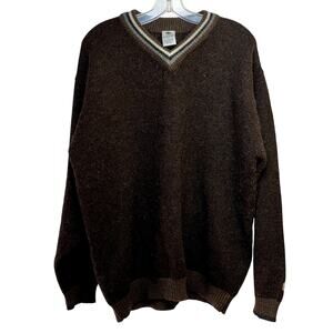 Columbia Shetland Wool Sweater Tennis Varsity Men's LG V-Neck Pullover Brown Y2K